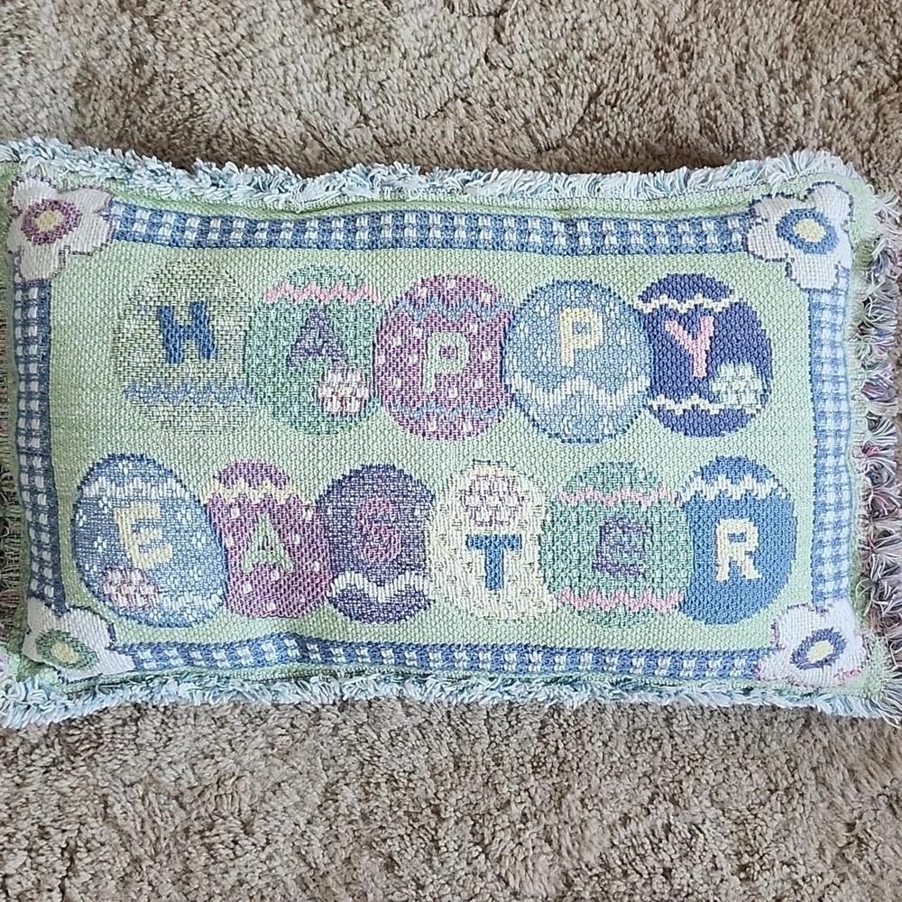 Easter Themed Decorative Pillow with Fringe Edge Pastel Holiday Vintage Tapestry